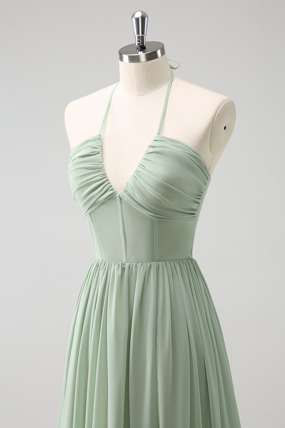 Vestido de dama de honor con volantes Dusty Sage Halter con abertura