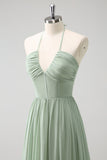 Vestido de dama de honor con volantes Dusty Sage Halter con abertura