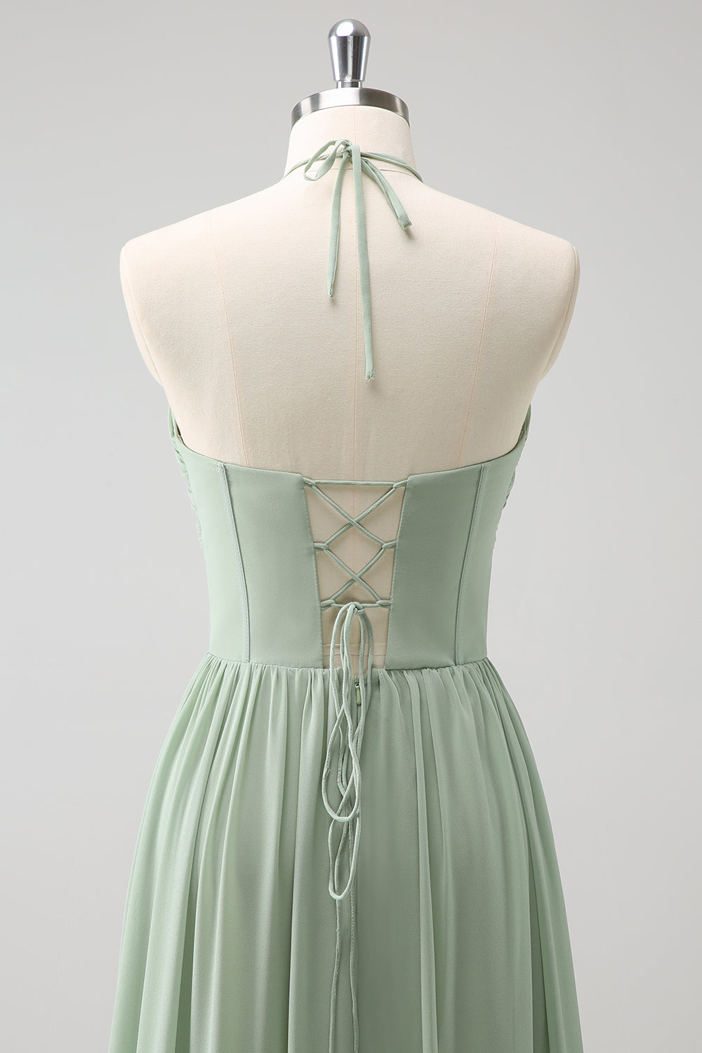 Vestido de dama de honor con volantes Dusty Sage Halter con abertura