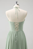 Vestido de dama de honor con volantes Dusty Sage Halter con abertura