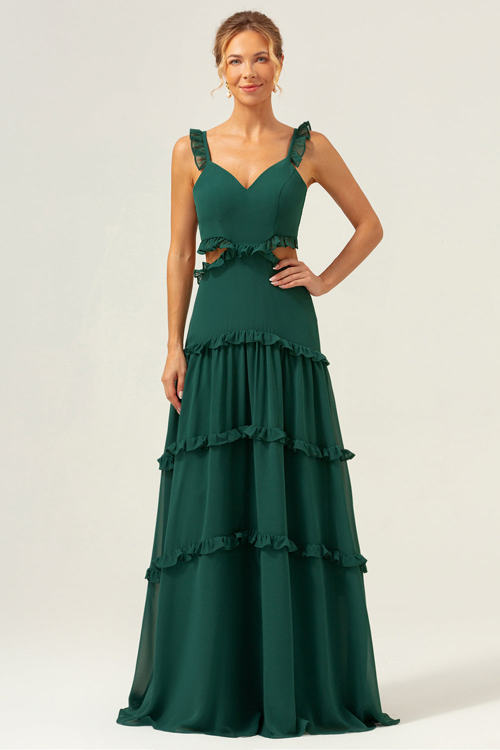 Vestido largo de dama de honor con volantes de gasa verde oscuro con una línea con hueco