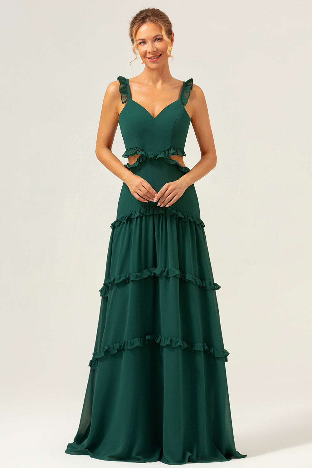 Vestido largo de dama de honor con volantes de gasa verde oscuro con una línea con hueco