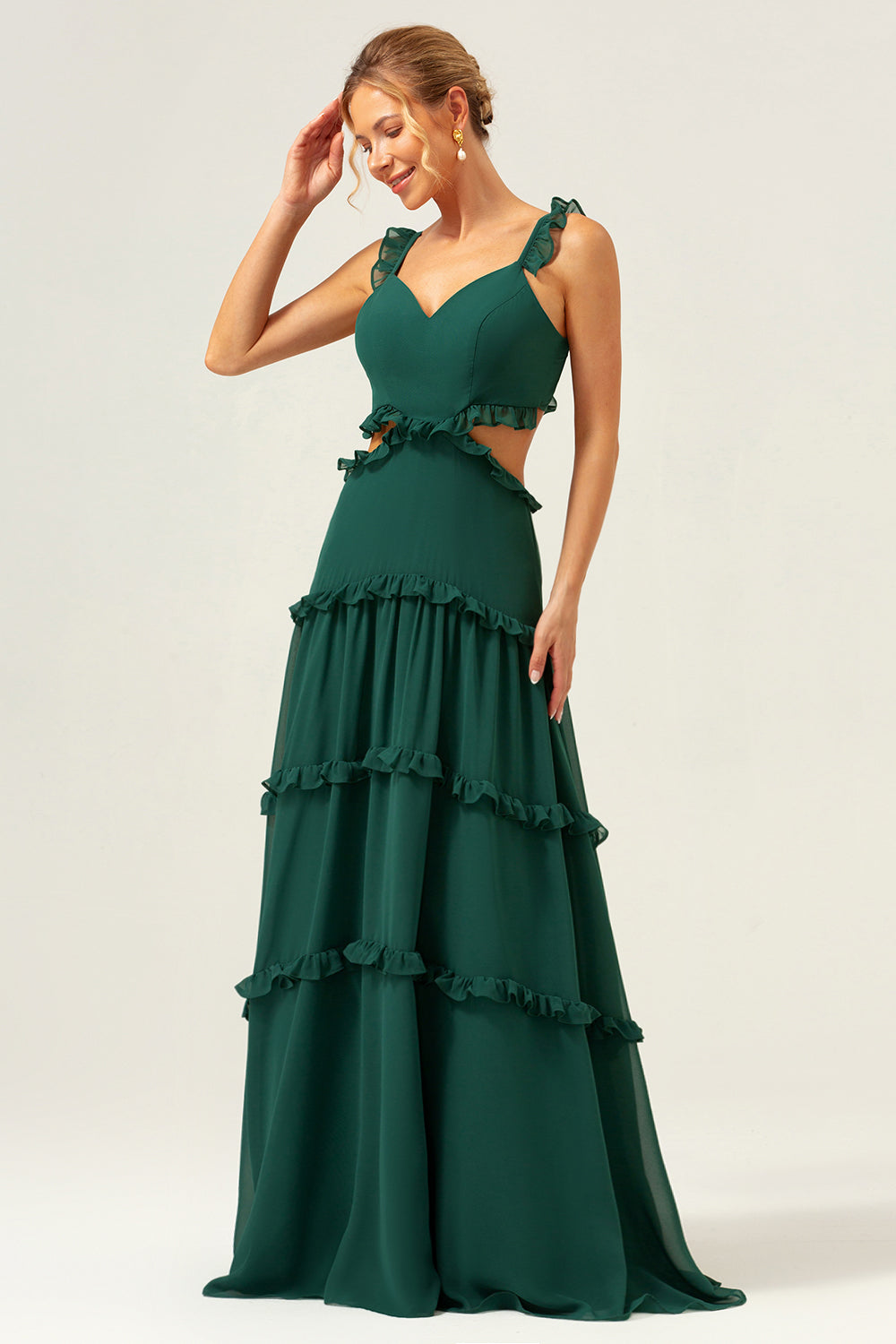 Vestido largo de dama de honor con volantes de gasa verde oscuro con una línea con hueco