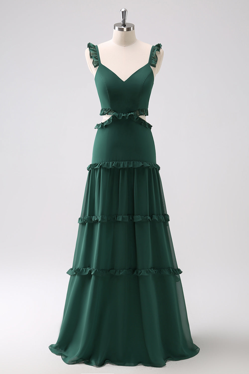 Vestido de dama de honor largo con volantes huecos de línea A verde oscuro