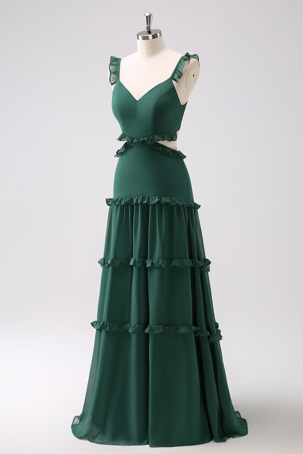 Vestido de dama de honor largo con volantes huecos de línea A verde oscuro