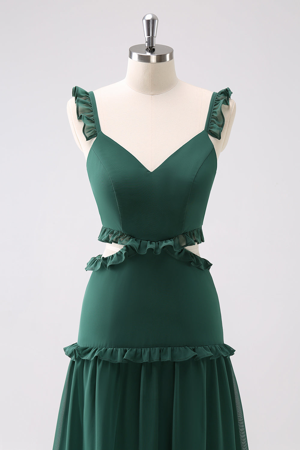 Vestido de dama de honor largo con volantes huecos de línea A verde oscuro