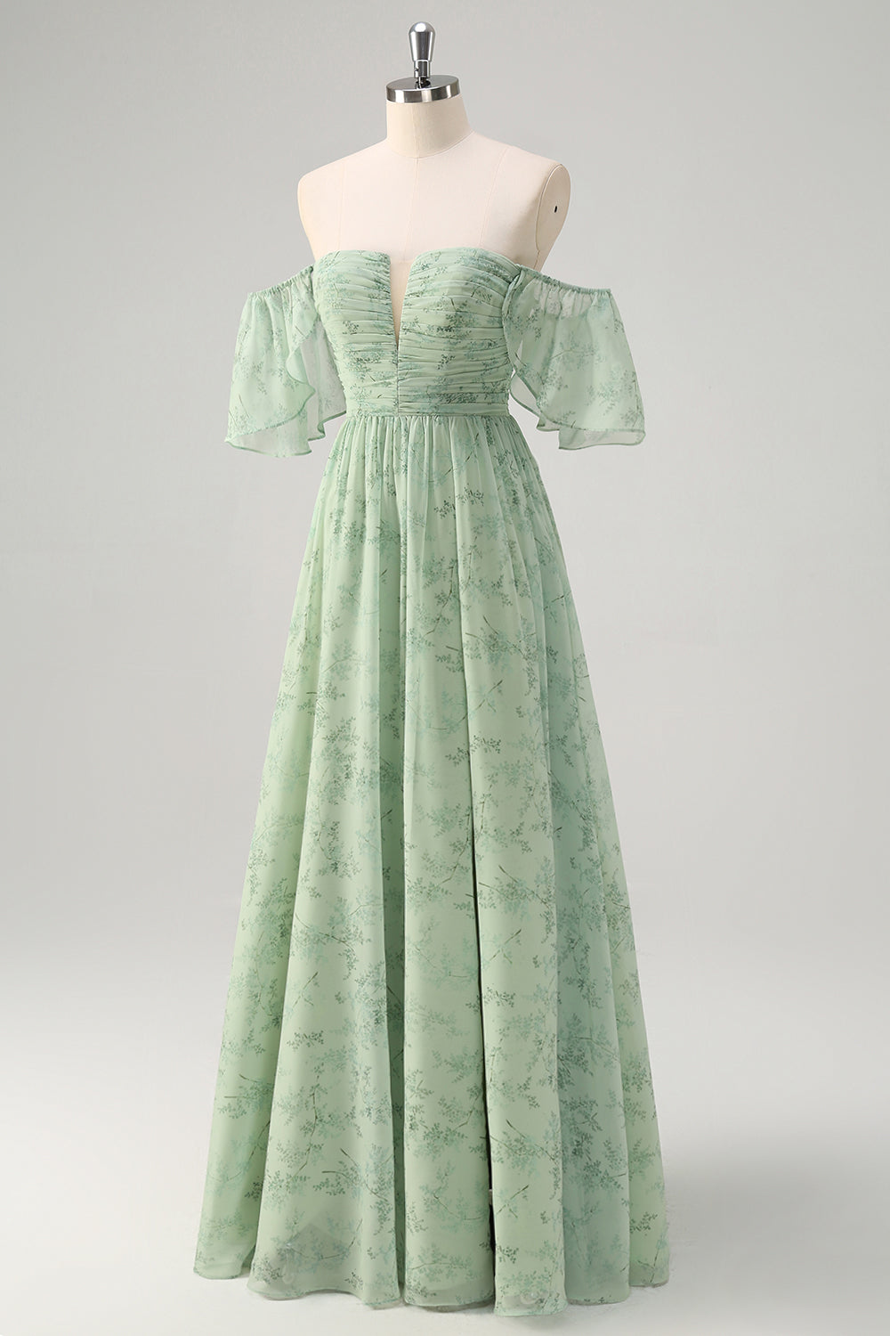 Dusty Sage Un vestido de fiesta largo con estampado de hombros descubiertos con abertura