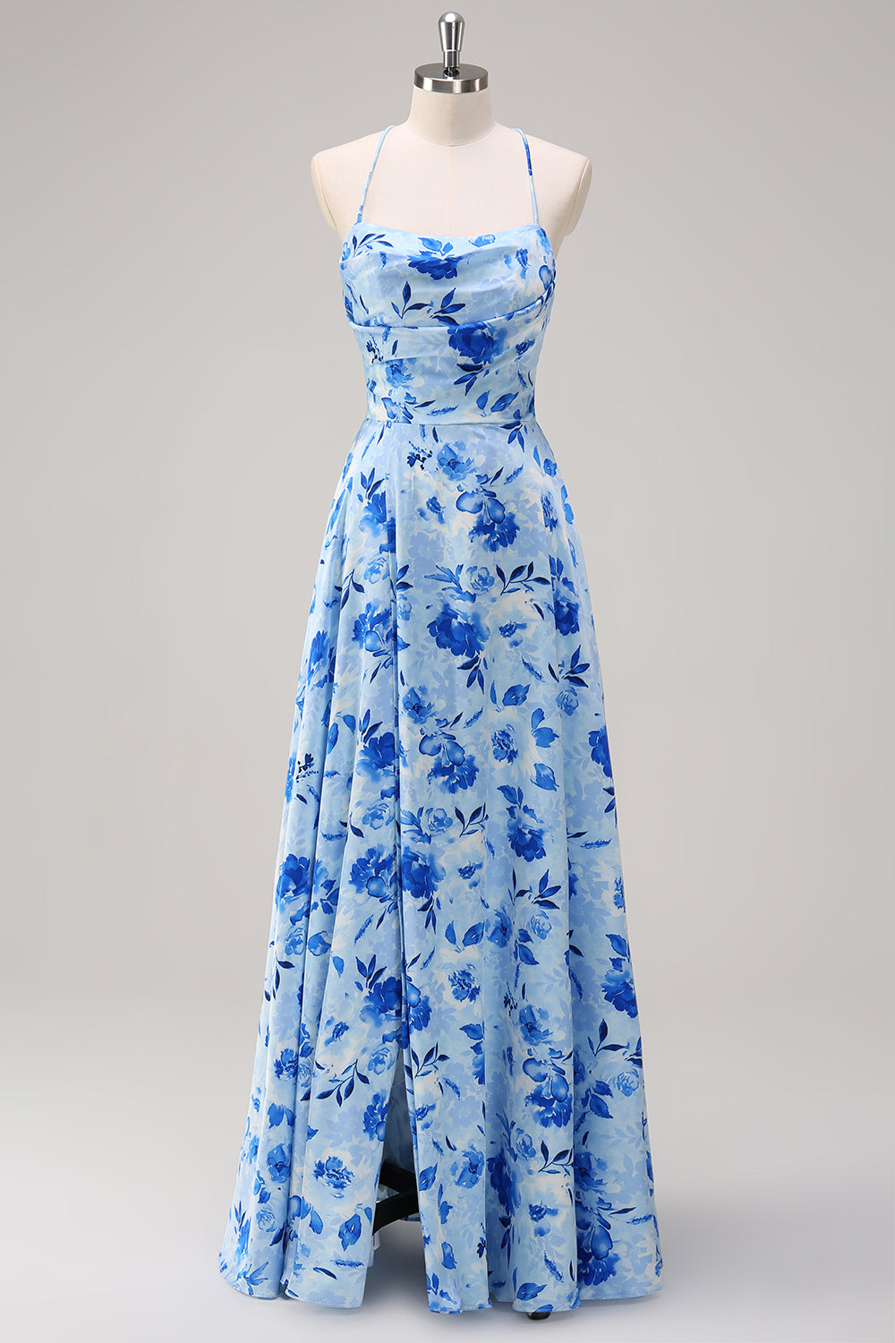 Vestido largo de dama de honor con tirantes florales azules con abertura