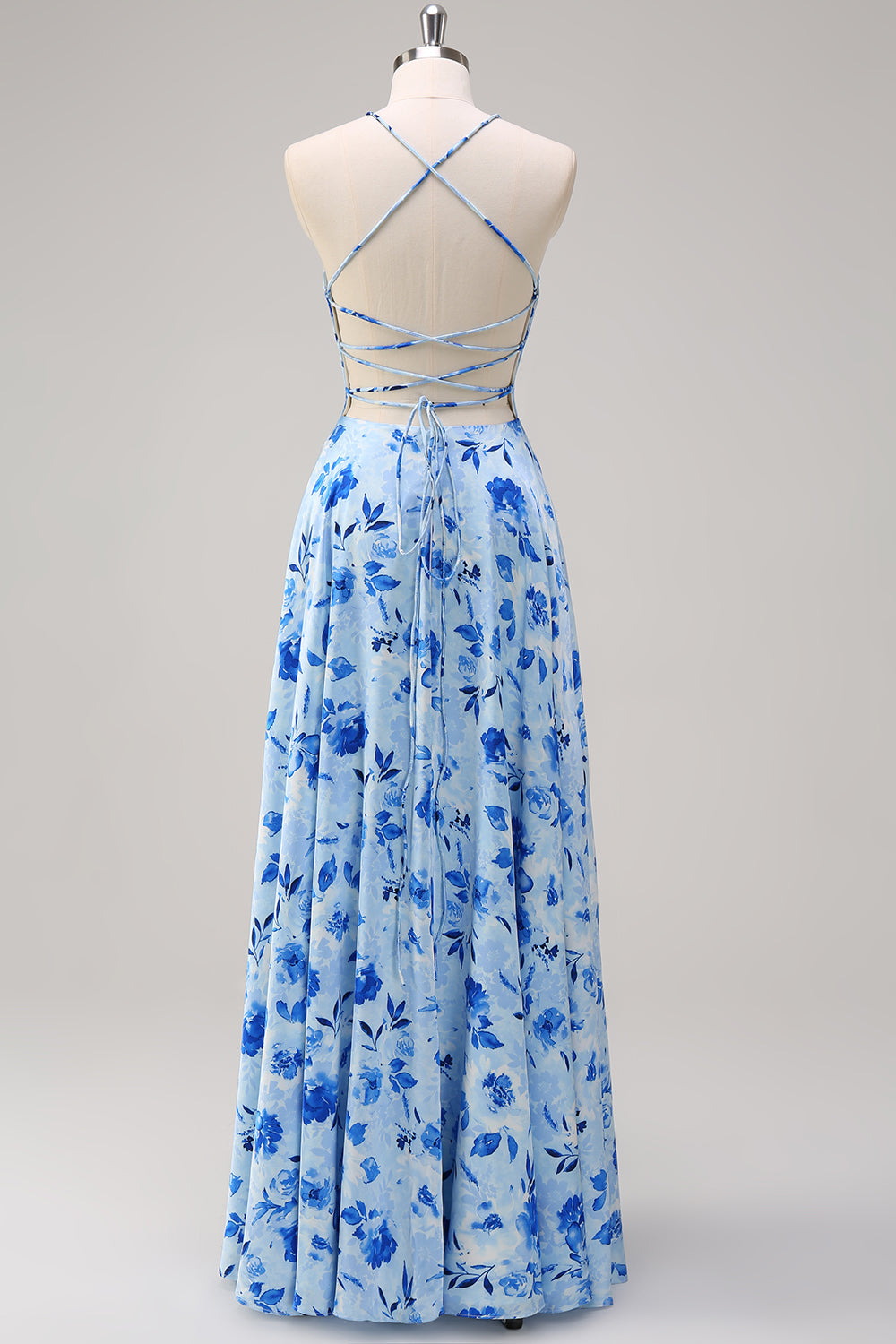 Vestido largo de dama de honor con tirantes florales azules con abertura