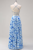 Vestido largo de dama de honor con tirantes florales azules con abertura