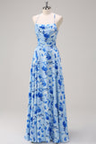Vestido largo de dama de honor con tirantes florales azules con abertura