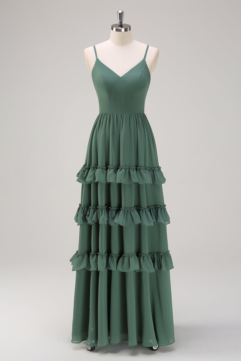 Vestido largo de dama de honor de gasa con tirantes de espagueti de eucalipto de línea A