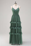 Vestido largo de dama de honor de gasa con tirantes de espagueti de eucalipto de línea A