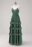 Vestido largo de dama de honor de gasa con tirantes de espagueti de eucalipto de línea A