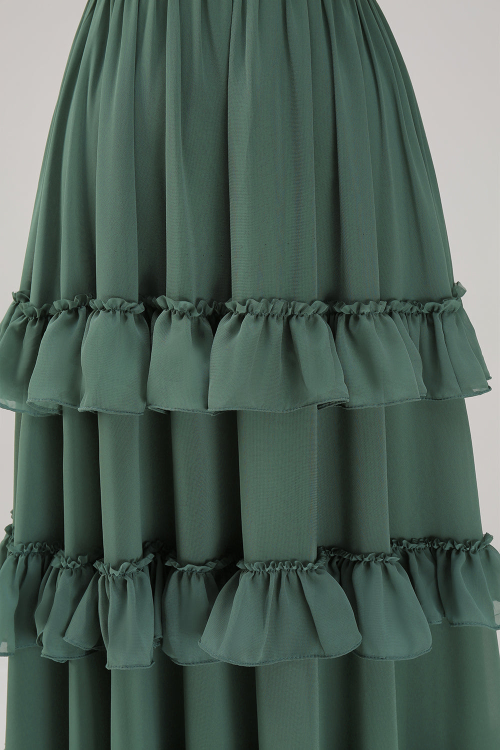 Vestido largo de dama de honor de gasa con tirantes de espagueti de eucalipto de línea A