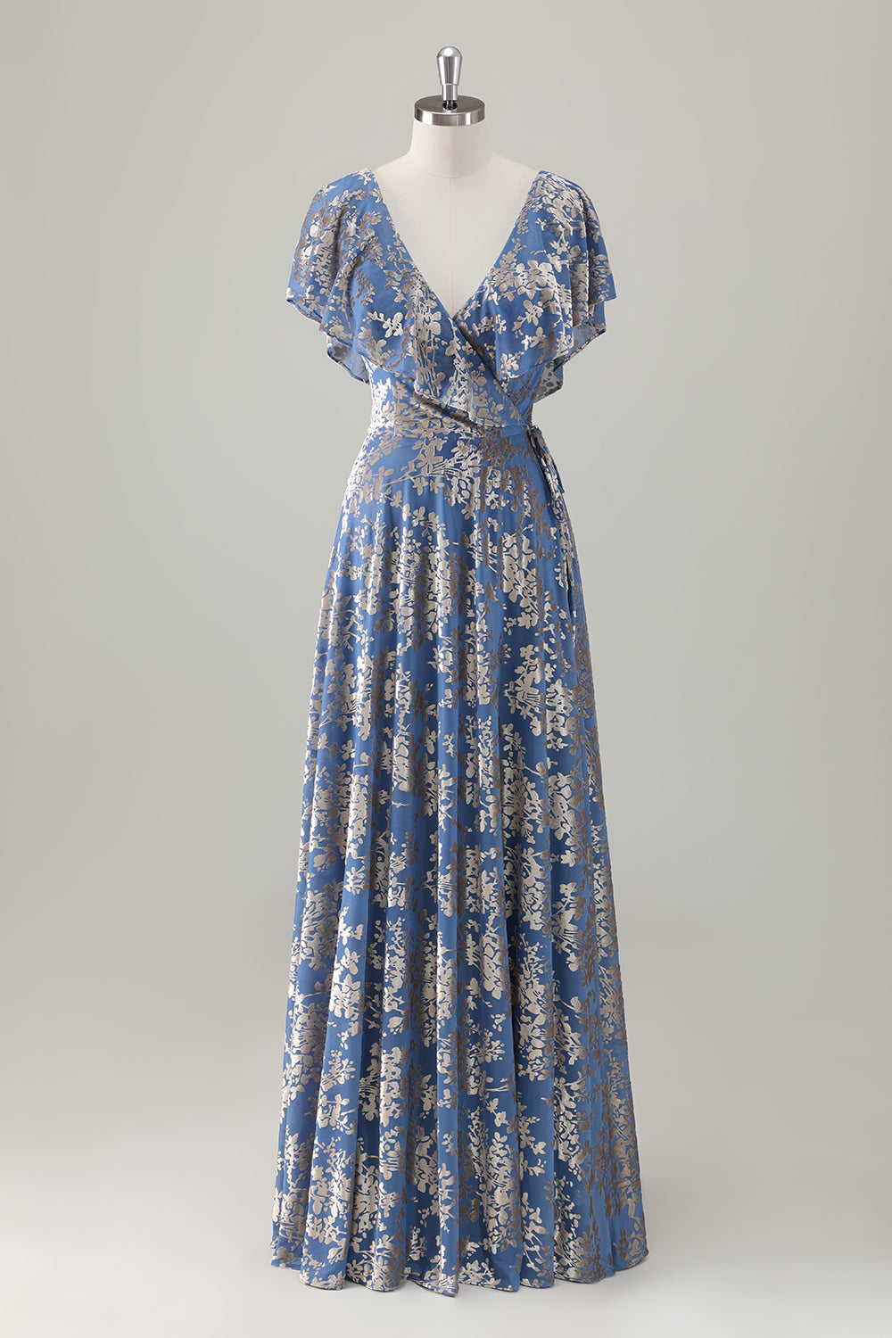 Vestido de dama de honor con estampado floral de terciopelo quemado con escote en V azul grisáceo