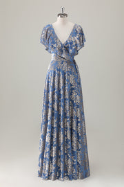 Vestido de dama de honor con estampado floral de terciopelo quemado con escote en V azul grisáceo