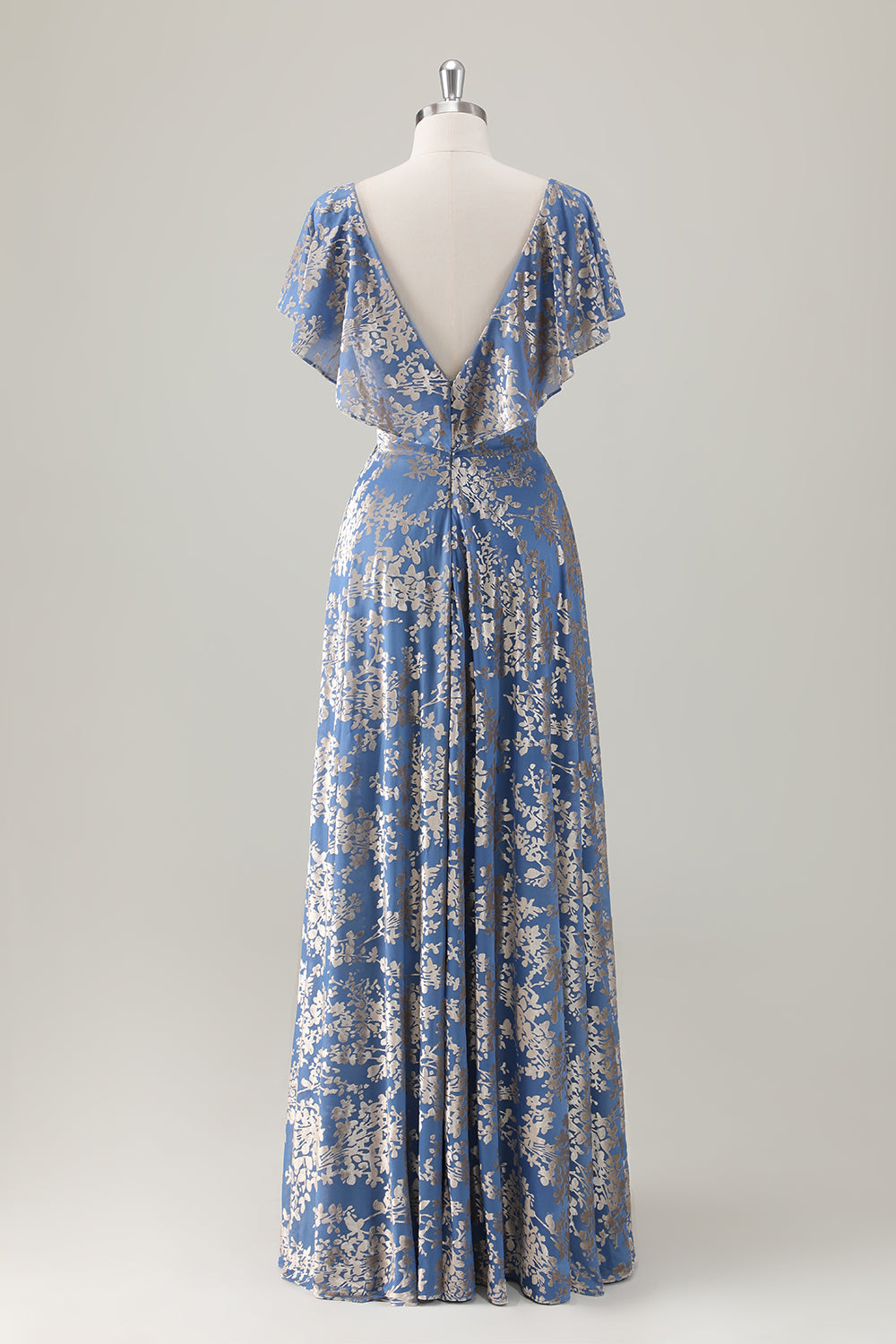 Vestido de dama de honor con estampado floral de terciopelo quemado con escote en V azul grisáceo
