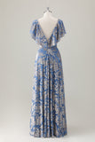Vestido de dama de honor con estampado floral de terciopelo quemado con escote en V azul grisáceo