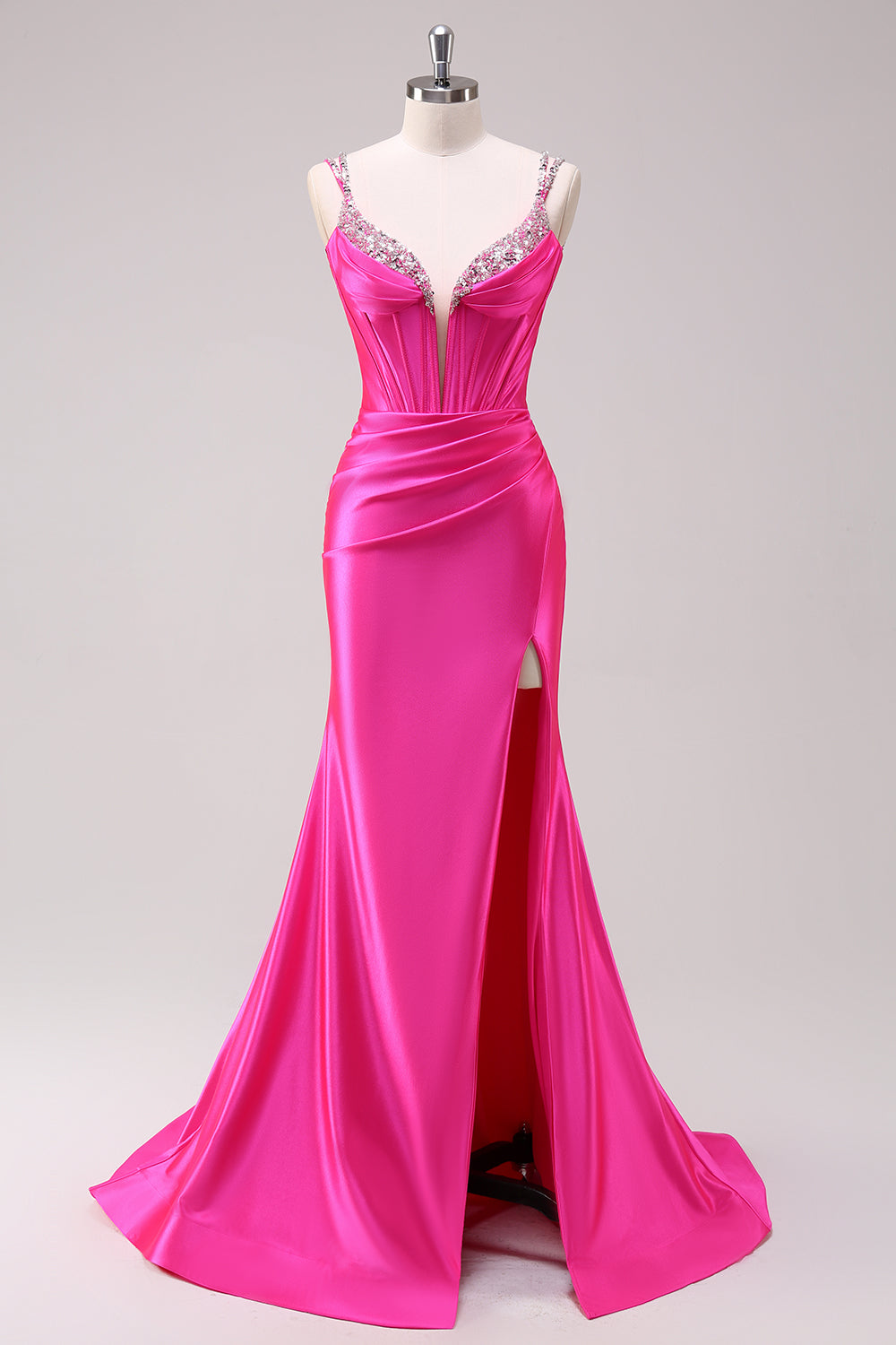 Vestido de fiesta de lentejuelas con correas de espagueti fucsia con correas de lentejuelas con abertura
