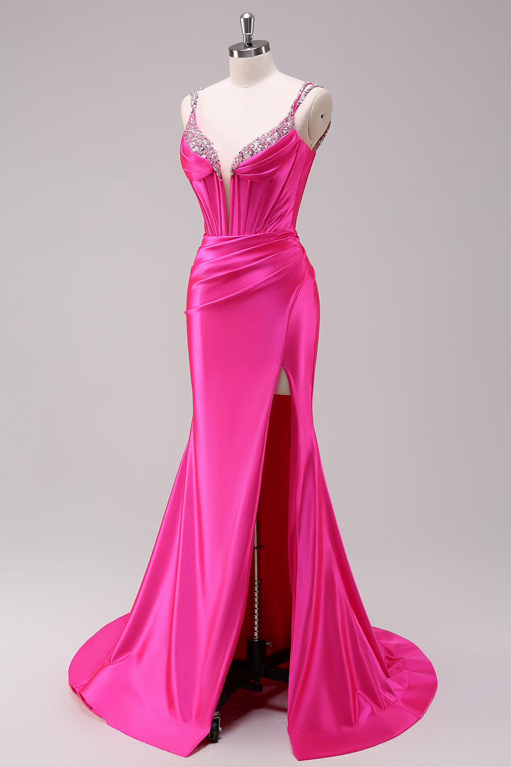 Vestido de fiesta de lentejuelas con correas de espagueti fucsia con correas de lentejuelas con abertura