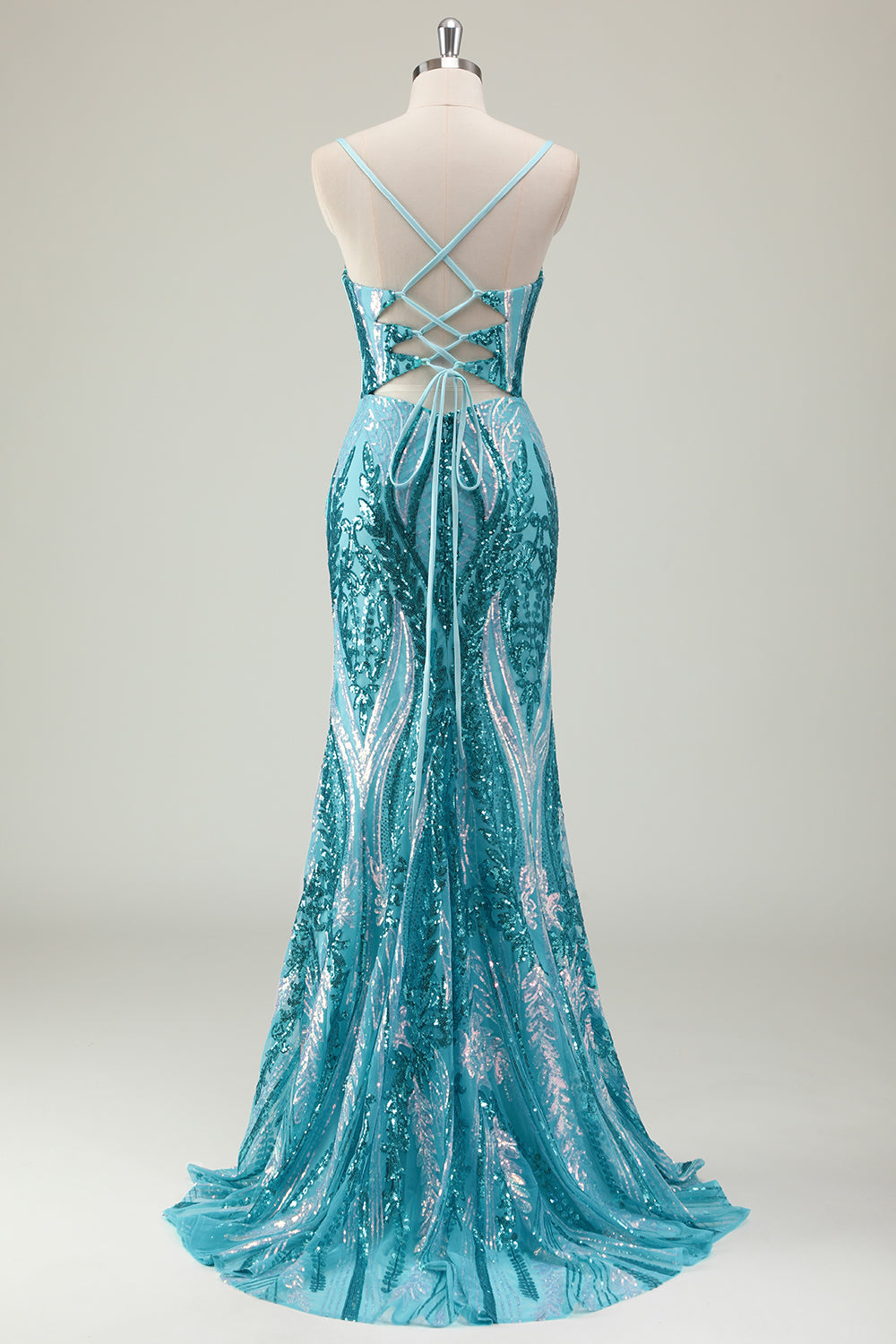 Vestido de fiesta largo con tirantes de espagueti azul sirena brillante con lentejuelas