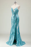 Vestido de fiesta largo con tirantes de espagueti azul sirena brillante con lentejuelas