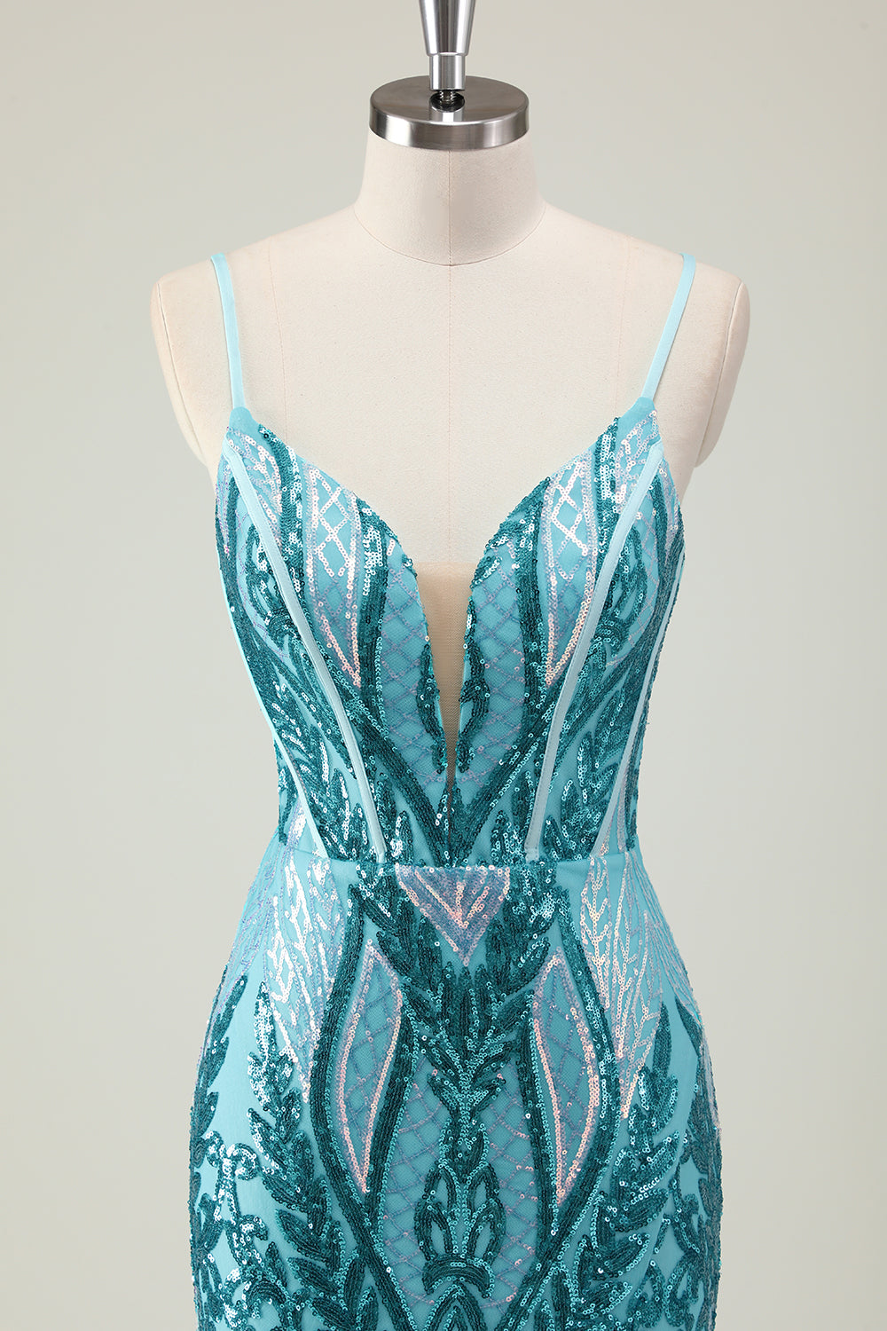 Vestido de fiesta largo con tirantes de espagueti azul sirena brillante con lentejuelas