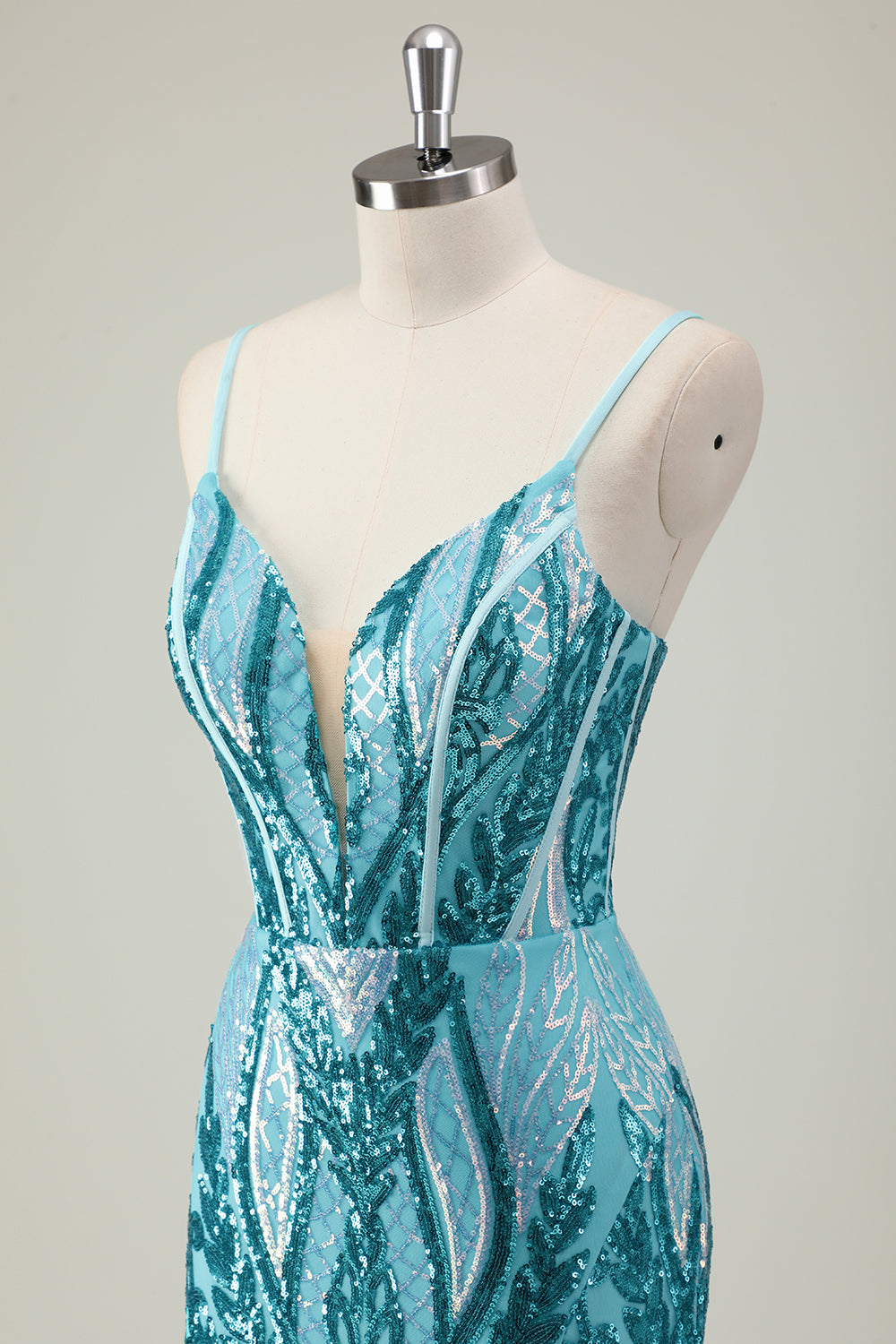 Vestido de fiesta largo con tirantes de espagueti azul sirena brillante con lentejuelas