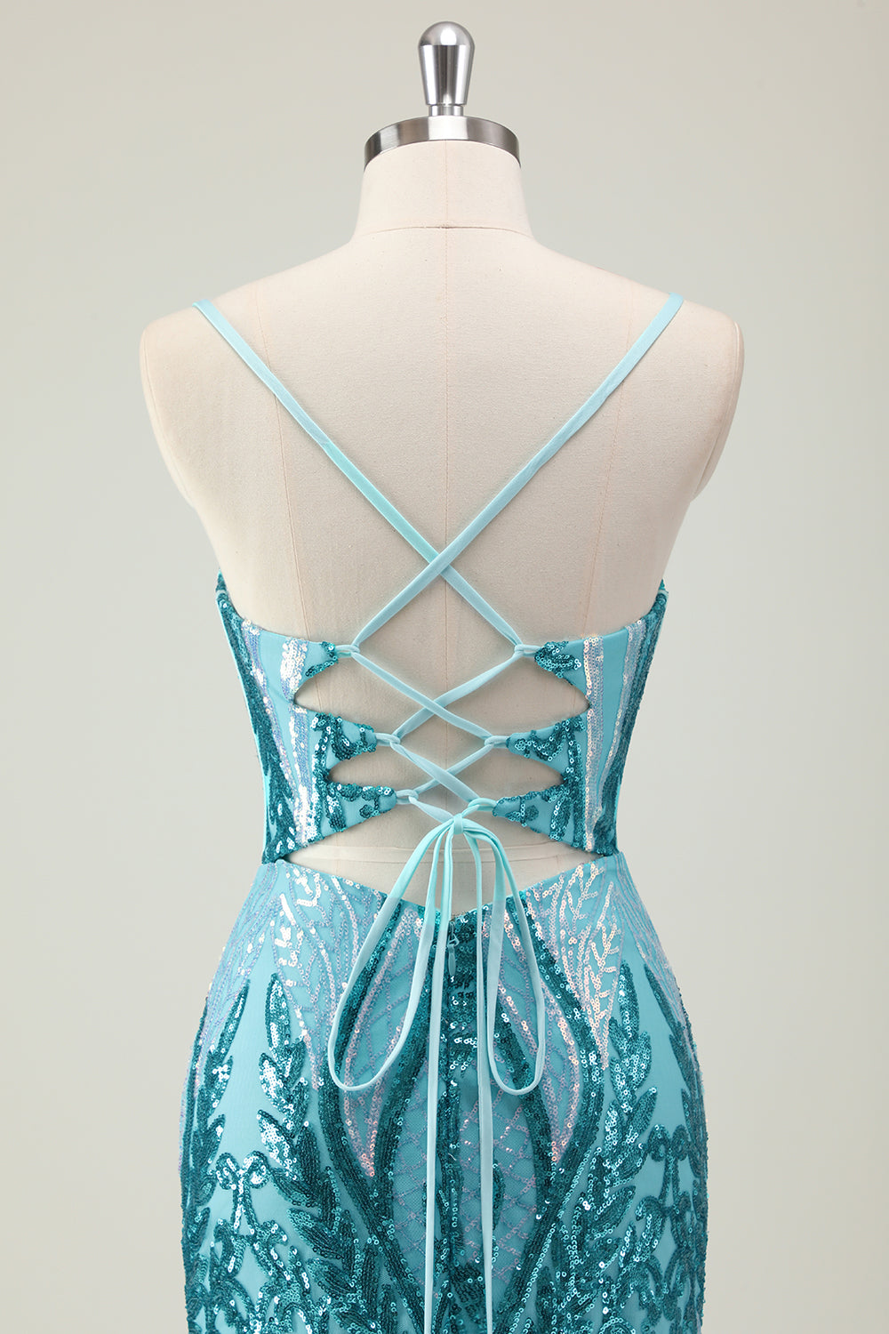Vestido de fiesta largo con tirantes de espagueti azul sirena brillante con lentejuelas