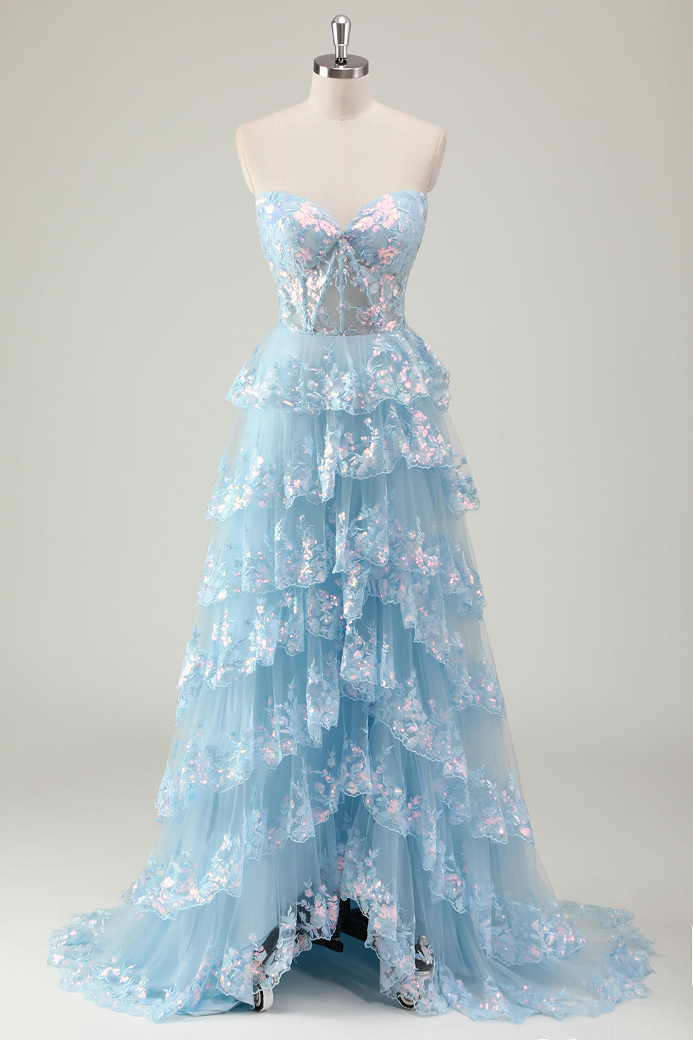 Vestido de fiesta largo sin tirantes con corsé de lentejuelas azul una línea escalonada