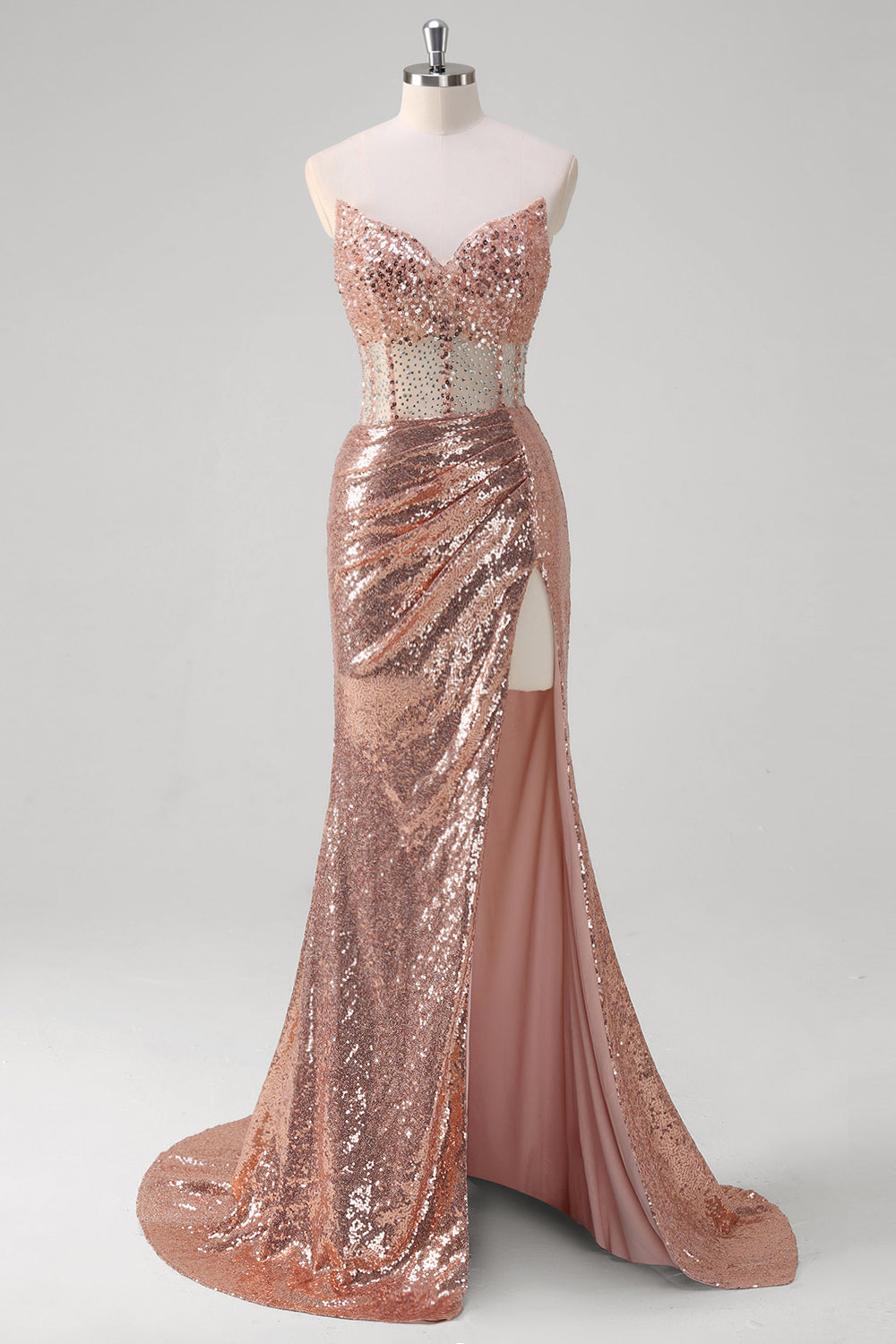 Vestido largo de fiesta con corsé de sirena dorada rosa brillante con lentejuelas