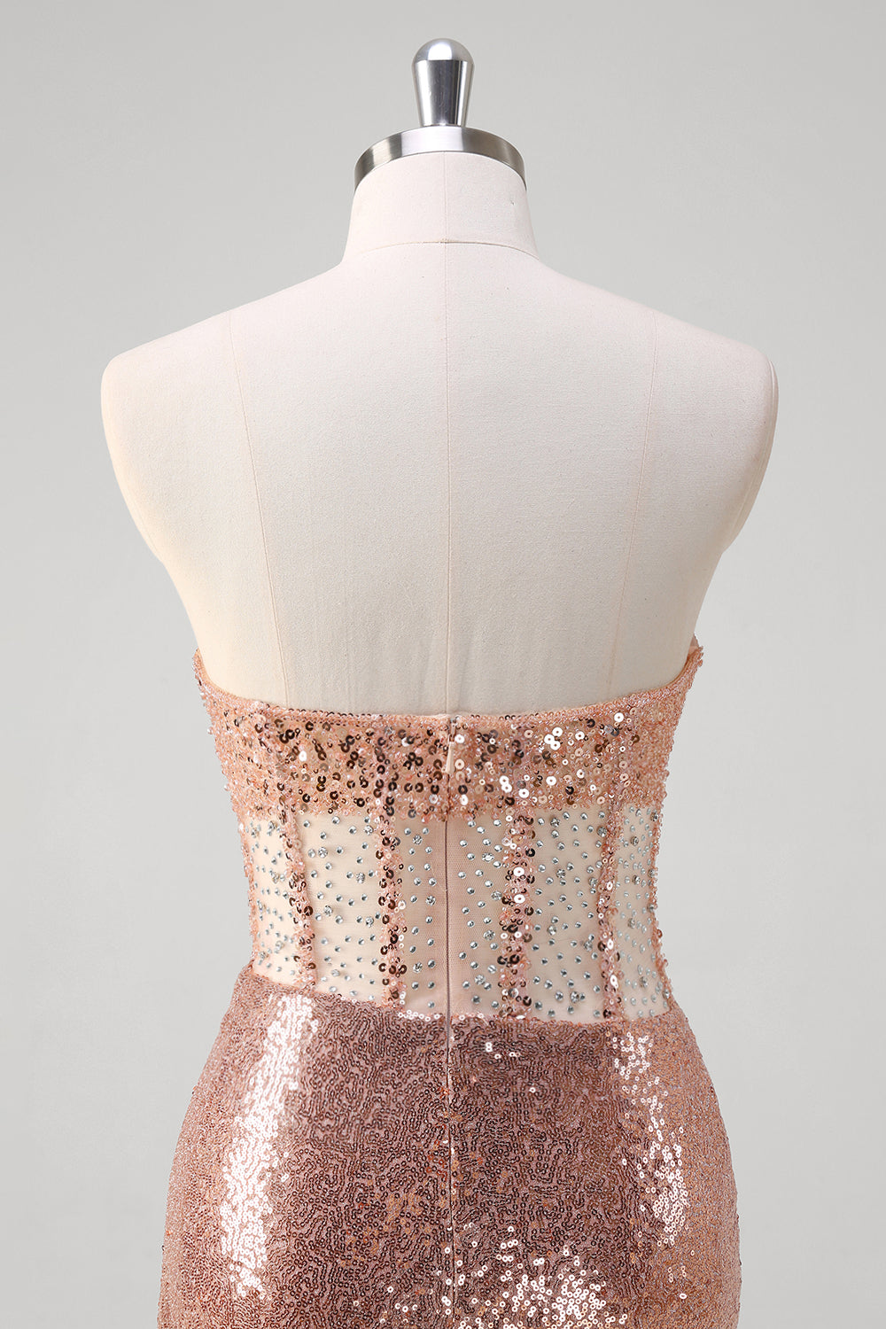 Vestido largo de fiesta con corsé de sirena dorada rosa brillante con lentejuelas