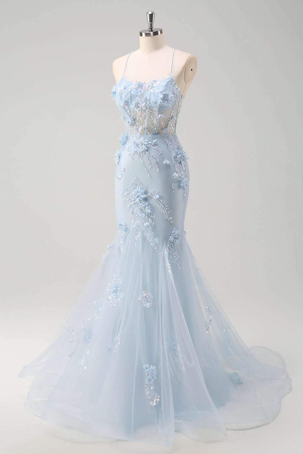 Vestido de fiesta largo con corsé largo de tul con tirantes de espagueti de sirena azul con flores 3D