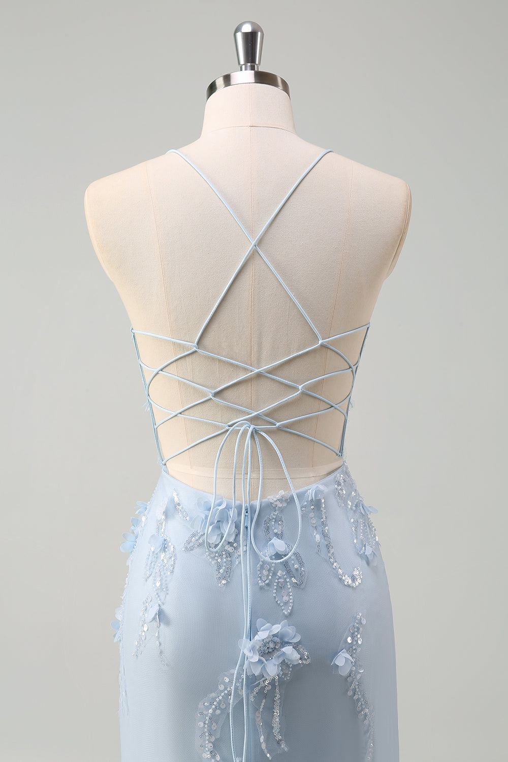 Vestido de fiesta largo con corsé largo de tul con tirantes de espagueti de sirena azul con flores 3D