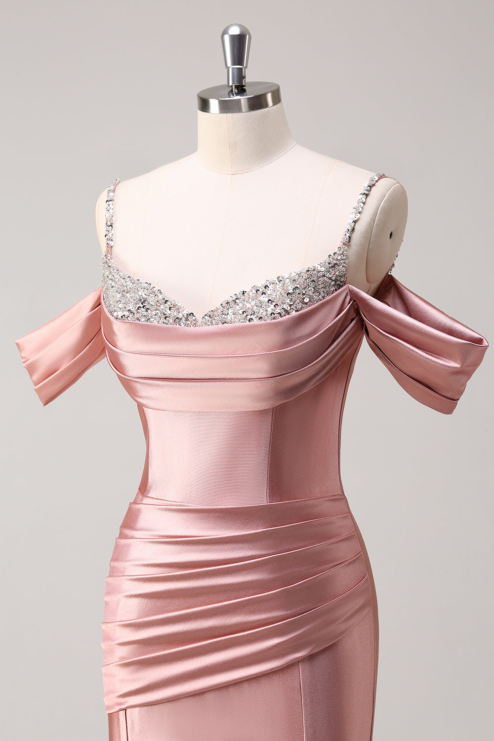 Vestido largo de fiesta con tirantes de espagueti con purpurina y rubor sirena