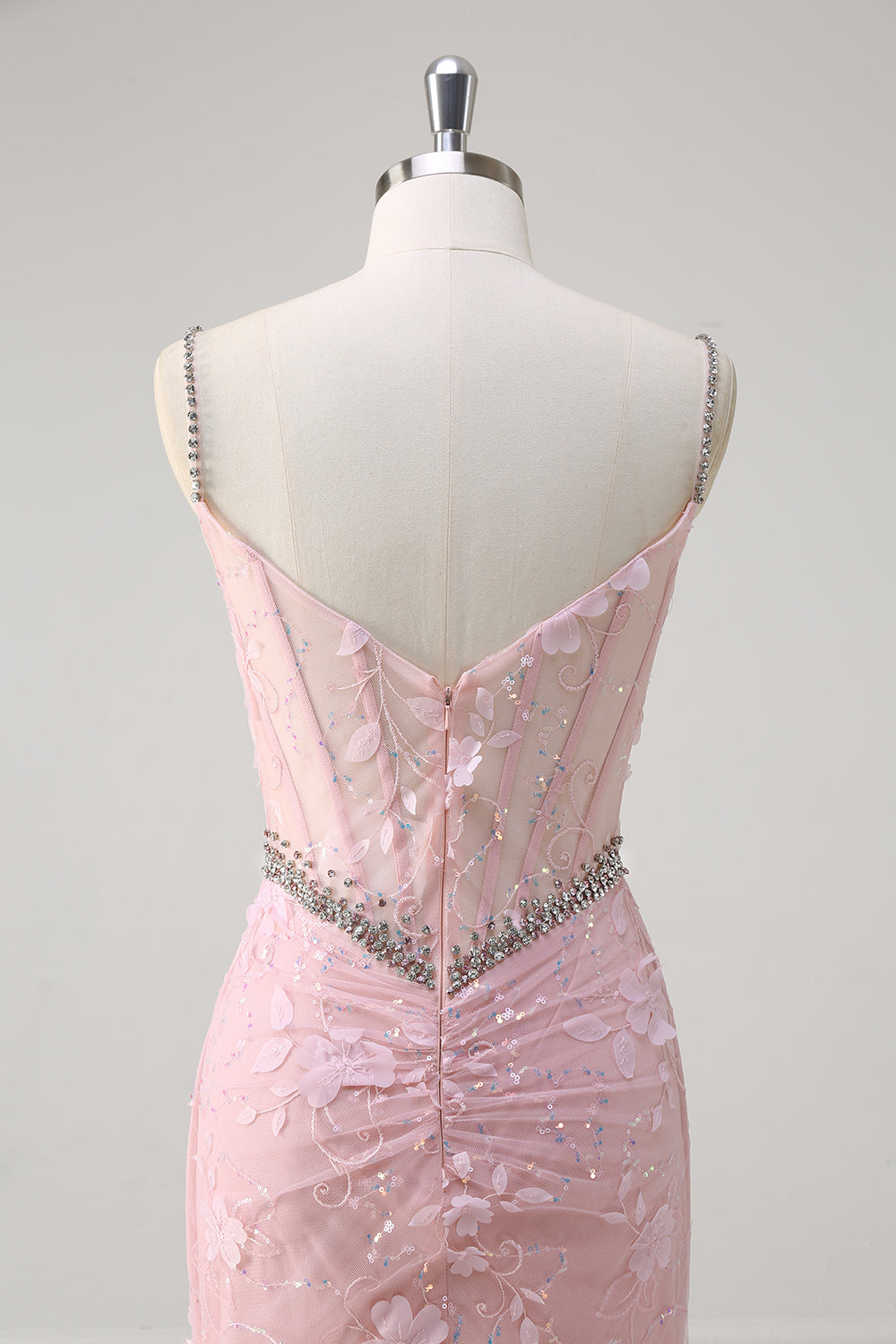Tirantes de espagueti de sirena rosa Vestido de fiesta con corsé floral de lentejuelas con abalorios