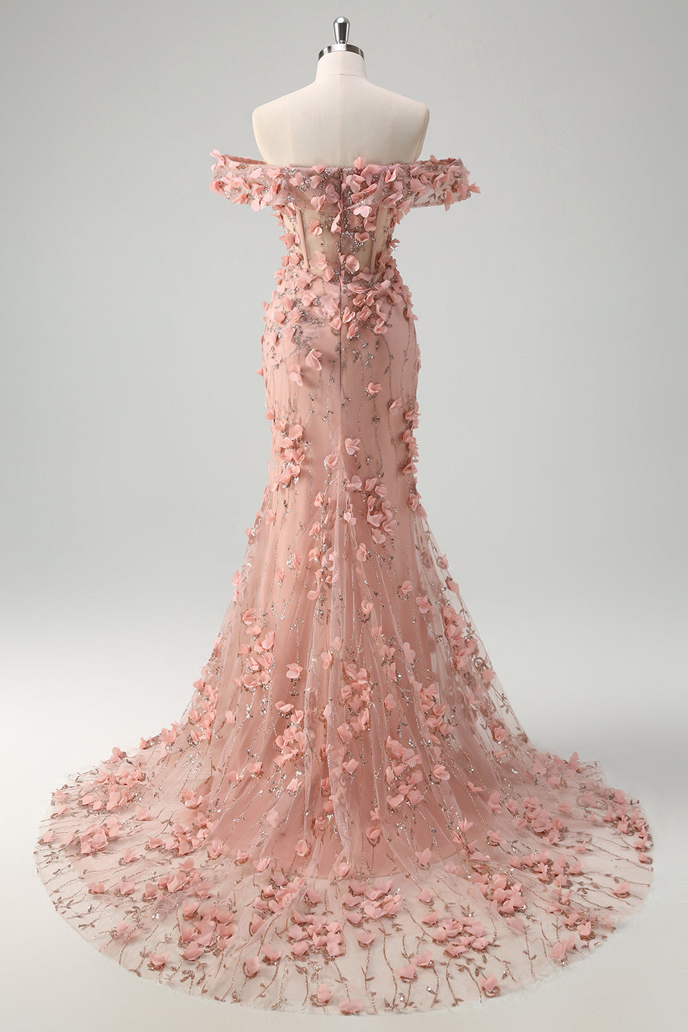 Vestido de fiesta largo con abertura de sirena con hombros descubiertos y flores en 3D