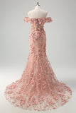Vestido de fiesta largo con abertura de sirena con hombros descubiertos y flores en 3D