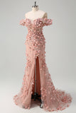 Vestido de fiesta largo con abertura de sirena con hombros descubiertos y flores en 3D