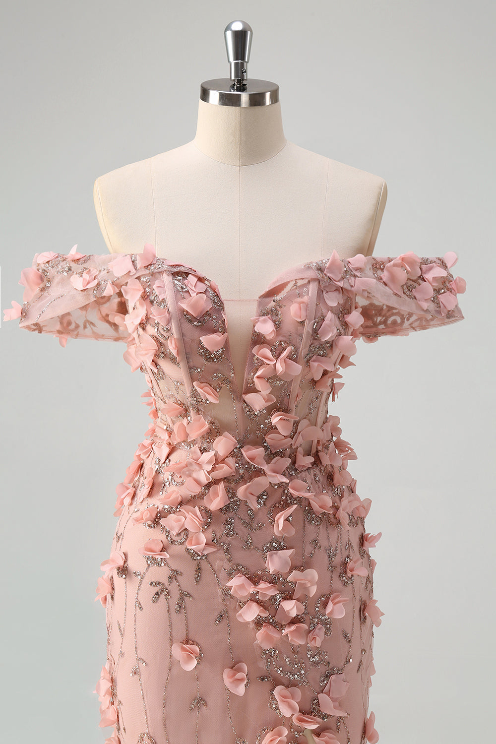 Vestido de fiesta largo con abertura de sirena con hombros descubiertos y flores en 3D