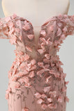 Vestido de fiesta largo con abertura de sirena con hombros descubiertos y flores en 3D