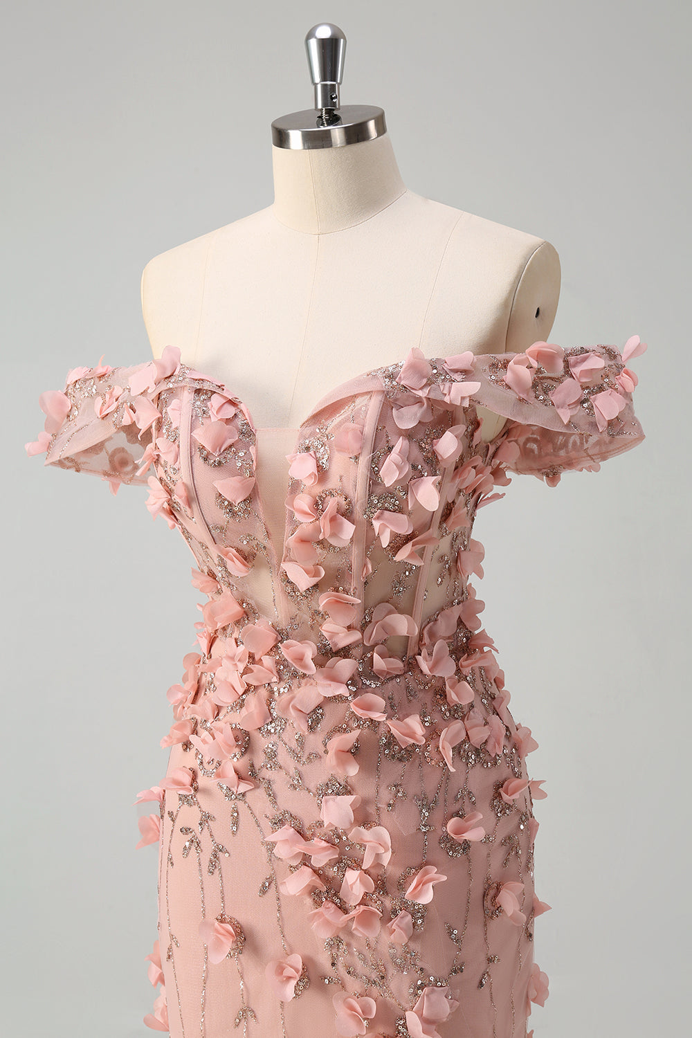 Vestido de fiesta largo con abertura de sirena con hombros descubiertos y flores en 3D