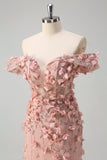 Vestido de fiesta largo con abertura de sirena con hombros descubiertos y flores en 3D