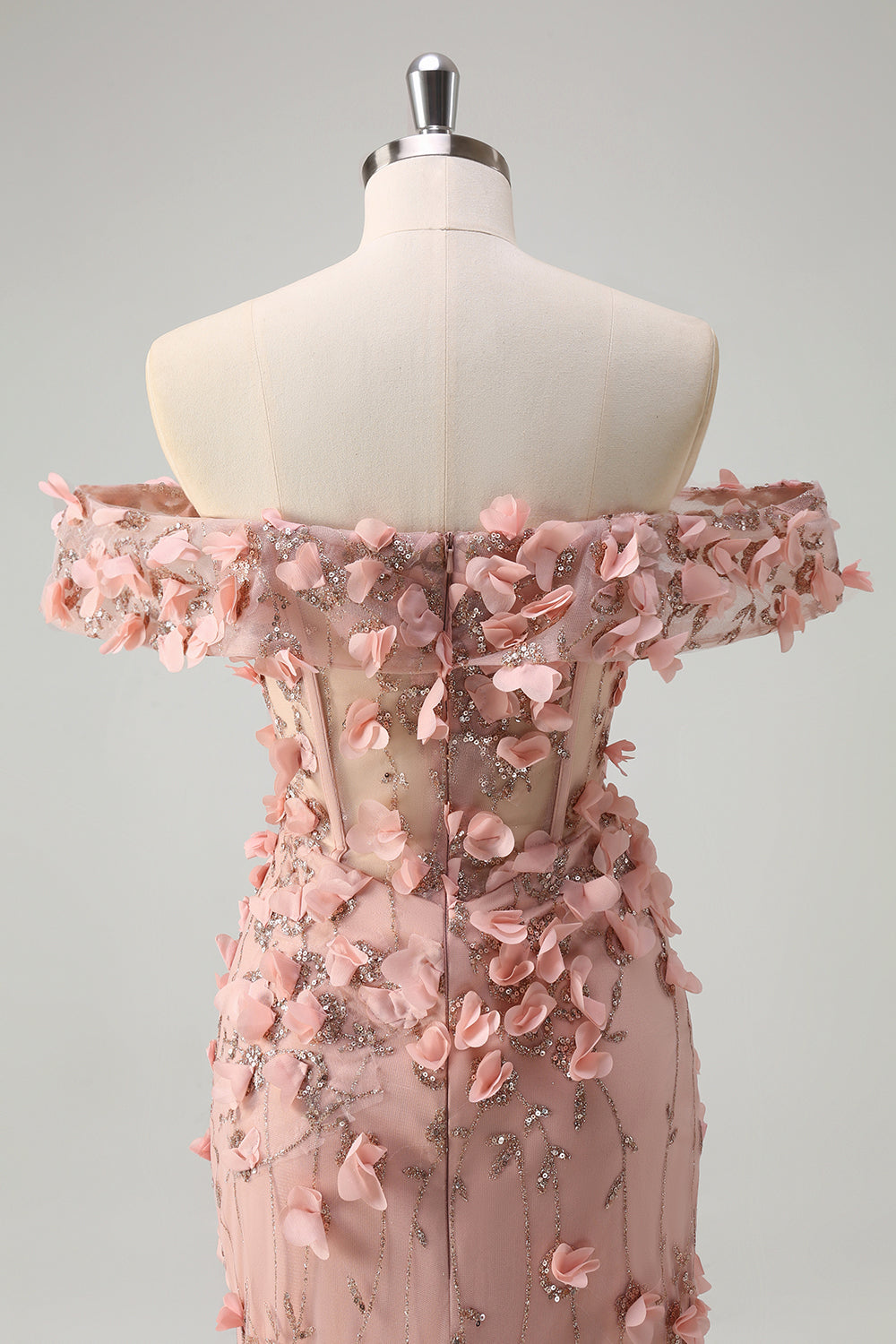 Vestido de fiesta largo con abertura de sirena con hombros descubiertos y flores en 3D