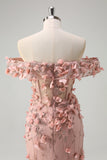 Vestido de fiesta largo con abertura de sirena con hombros descubiertos y flores en 3D
