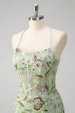 Corsé halter sirena verde con apliques Vestido de fiesta largo con abertura