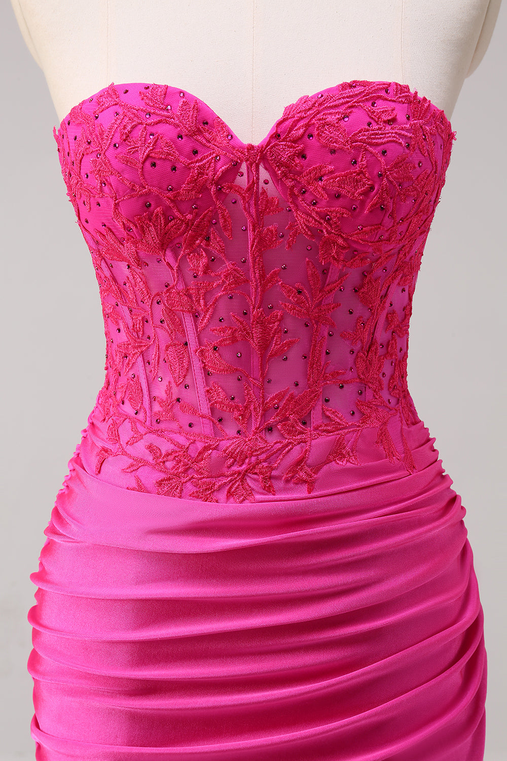Corsé Fucsia Sirena Strapless Corsé Fruncido Vestido de Fiesta Largo con Abertura