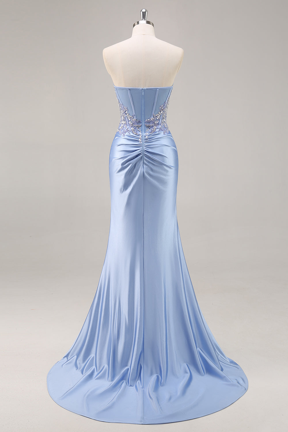 Corsé de sirena azul brillante Vestido de fiesta largo de satén con abertura
