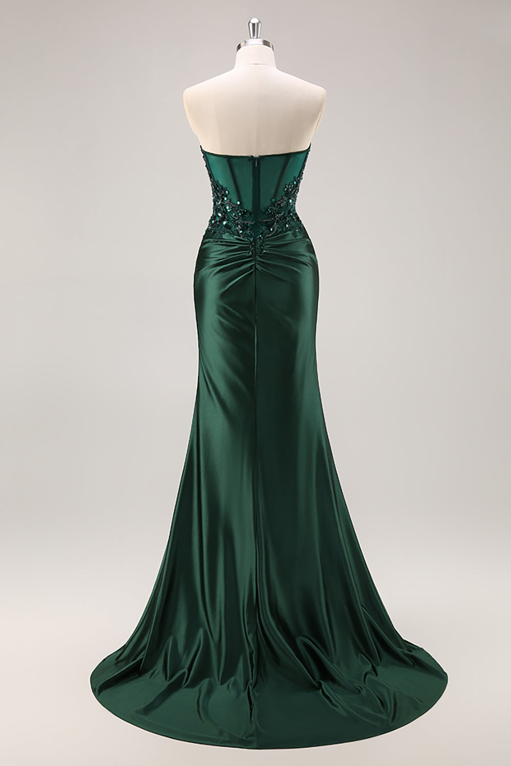 Vestido de fiesta de sirena verde oscuro sin tirantes con abertura